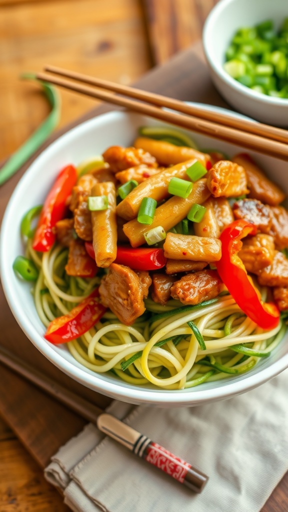 A bowl of stir-fried zucchini noodles with pork and bell peppers, garnished with green onions, against a rustic wooden background.